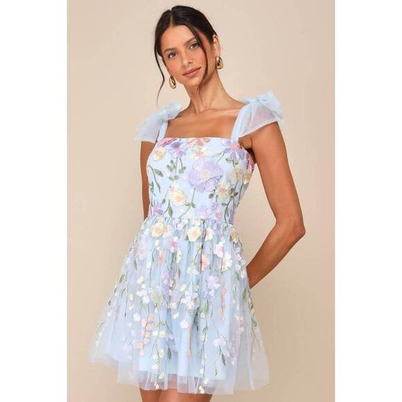 Lulus Dresses & Skirts - Lulus Classic Romance Blue 3d Floral Applique Tie-strap Mini Dress - Size L